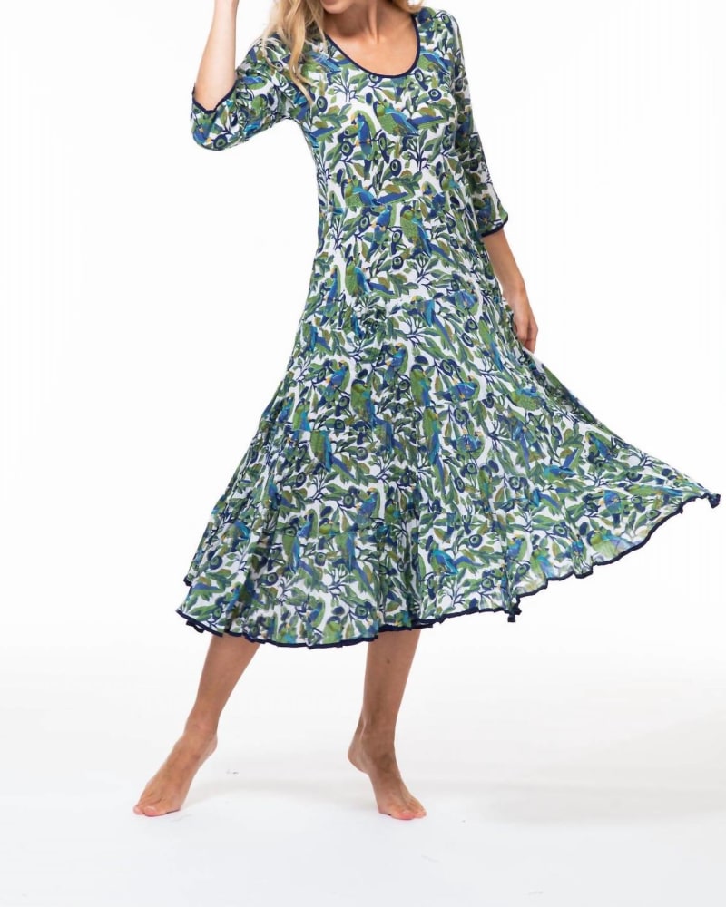 Front of a model wearing a size L/XL Ruby Cotton Sun Dress in Parrot Jungle Print in Parrot Jungle Print by Paisley and Pomegranate. | dia_product_style_image_id:334848